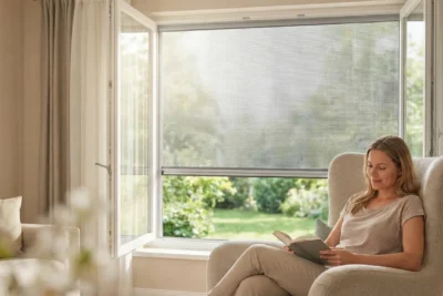 Mujer leyendo en un sillón junto a una gran ventana abierta con mosquitera enrollable tipo screen, que deja pasar la luz suave mientras protege del exterior en un salón acogedor con vistas al jardín.