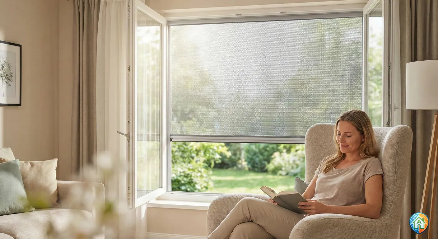 Mujer leyendo en un sillón junto a una gran ventana abierta con mosquitera enrollable tipo screen, que deja pasar la luz suave mientras protege del exterior en un salón acogedor con vistas al jardín.